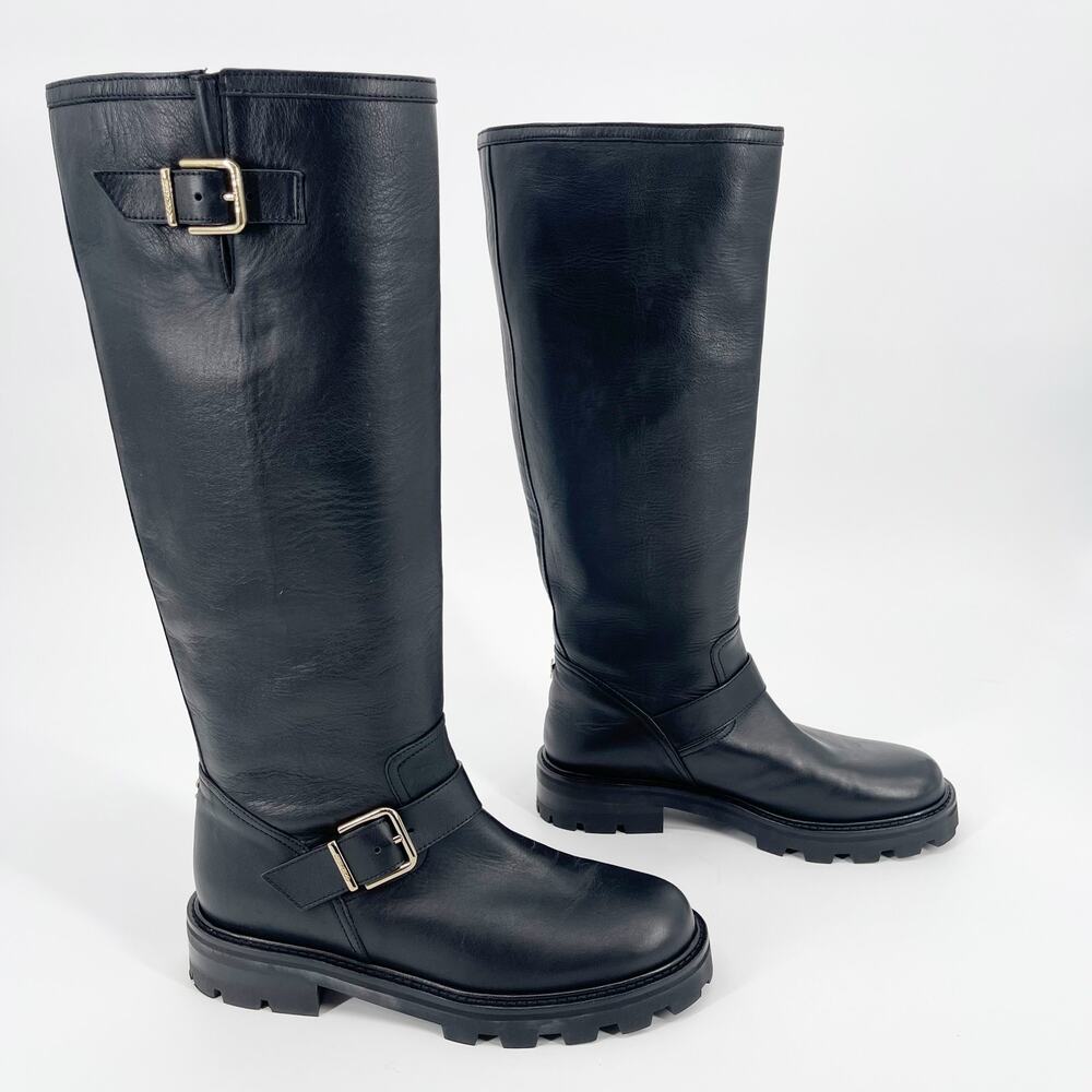 Jimmy Choo Black Leather Biker II Tall Knee High Moto Boot Women's size IT 39.5